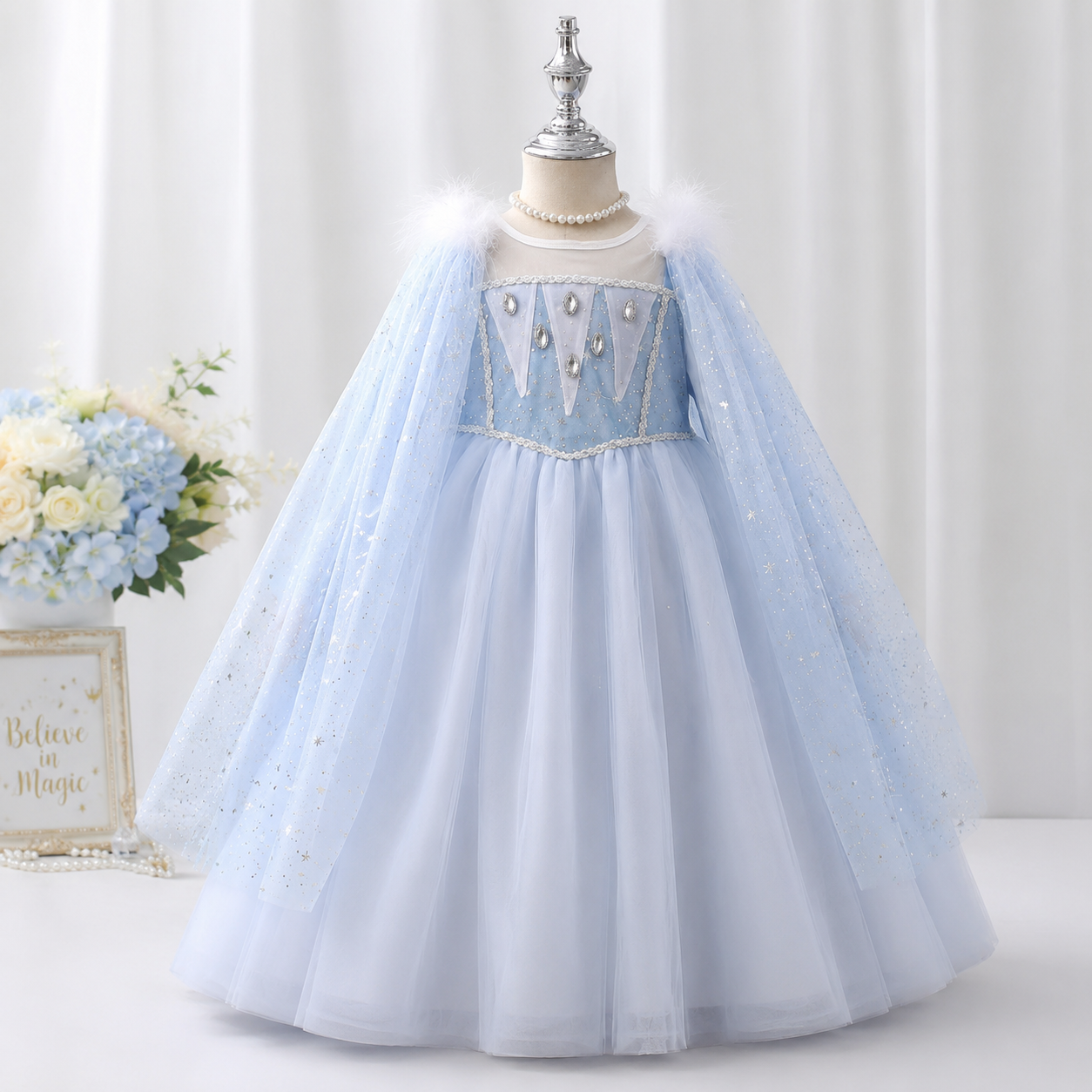 Girls Ice Princess Costume Dress | Kids Princess Dress Up Costume with Cape | Book Week & Halloween Outfit Dress-Up Outfit