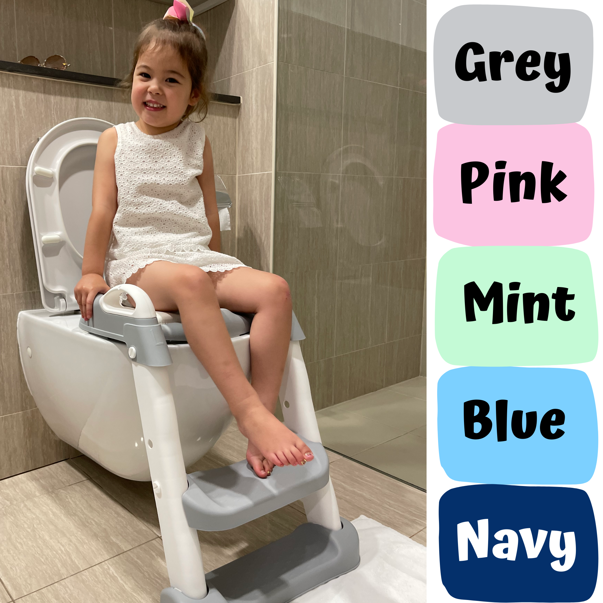 Kids Step-Up Potty Training Seat with Ladder & Cushion | Non-Slip Adjustable Toilet Trainer Chair (Grey, Pink, Mint, Blue, Navy)