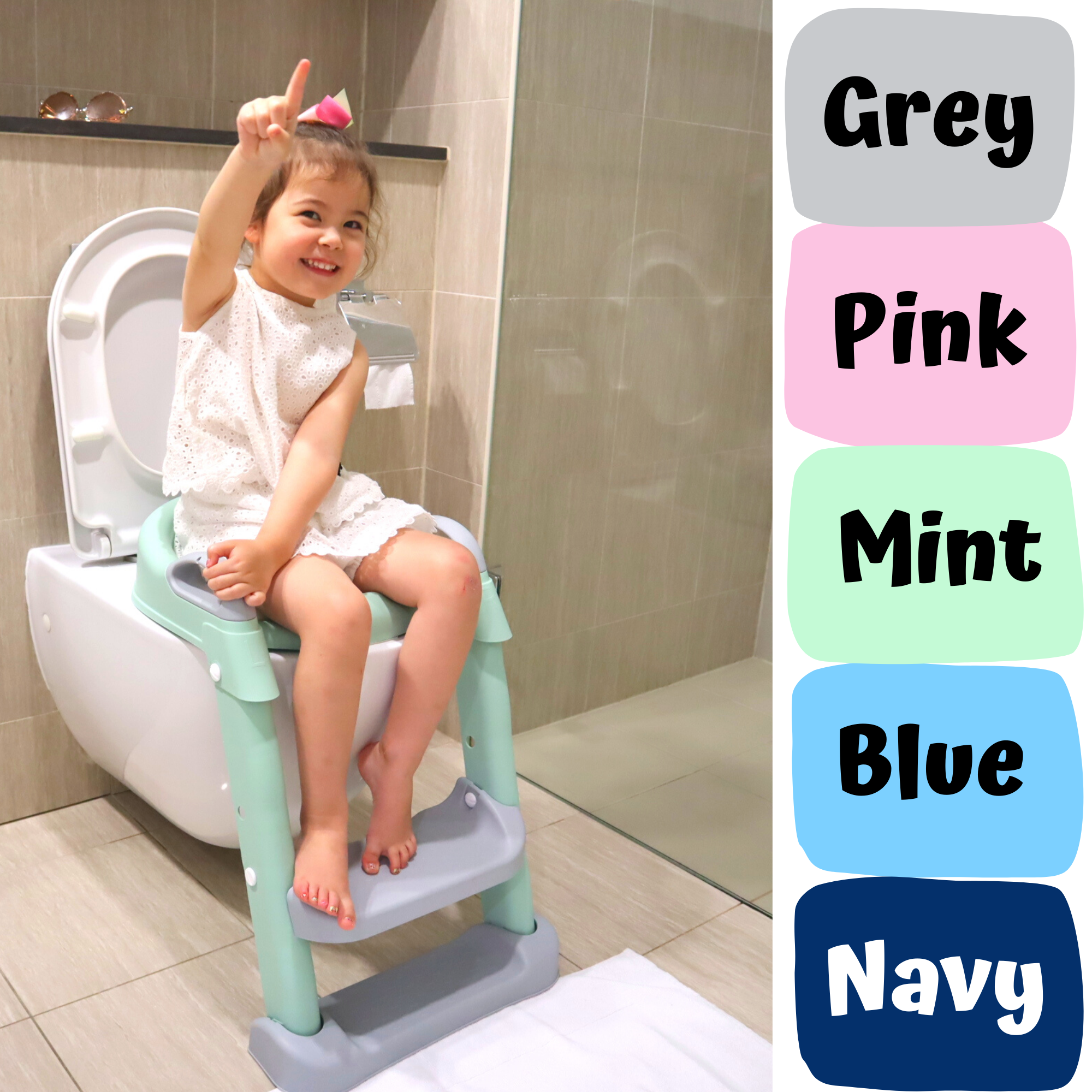 Kids Step-Up Potty Training Seat with Ladder & Cushion | Non-Slip Adjustable Toilet Trainer Chair (Grey, Pink, Mint, Blue, Navy)