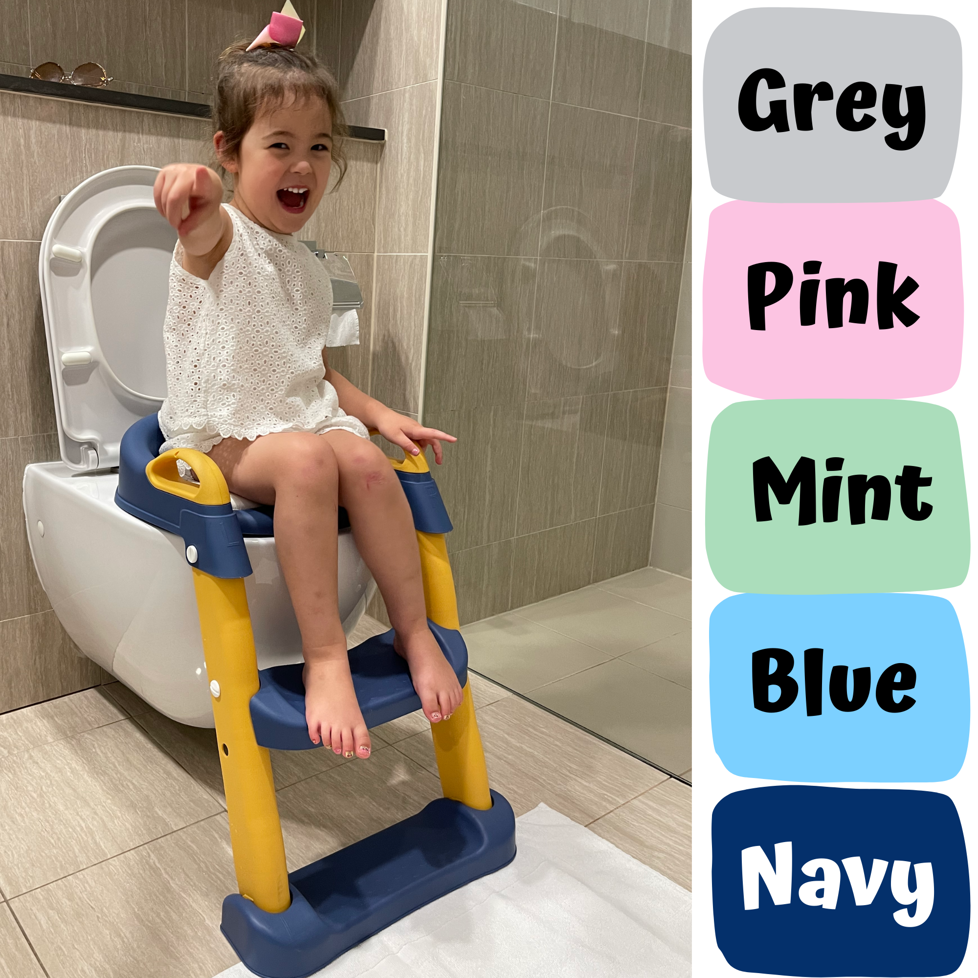 Kids Step-Up Potty Training Seat with Ladder & Cushion | Non-Slip Adjustable Toilet Trainer Chair (Grey, Pink, Mint, Blue, Navy)
