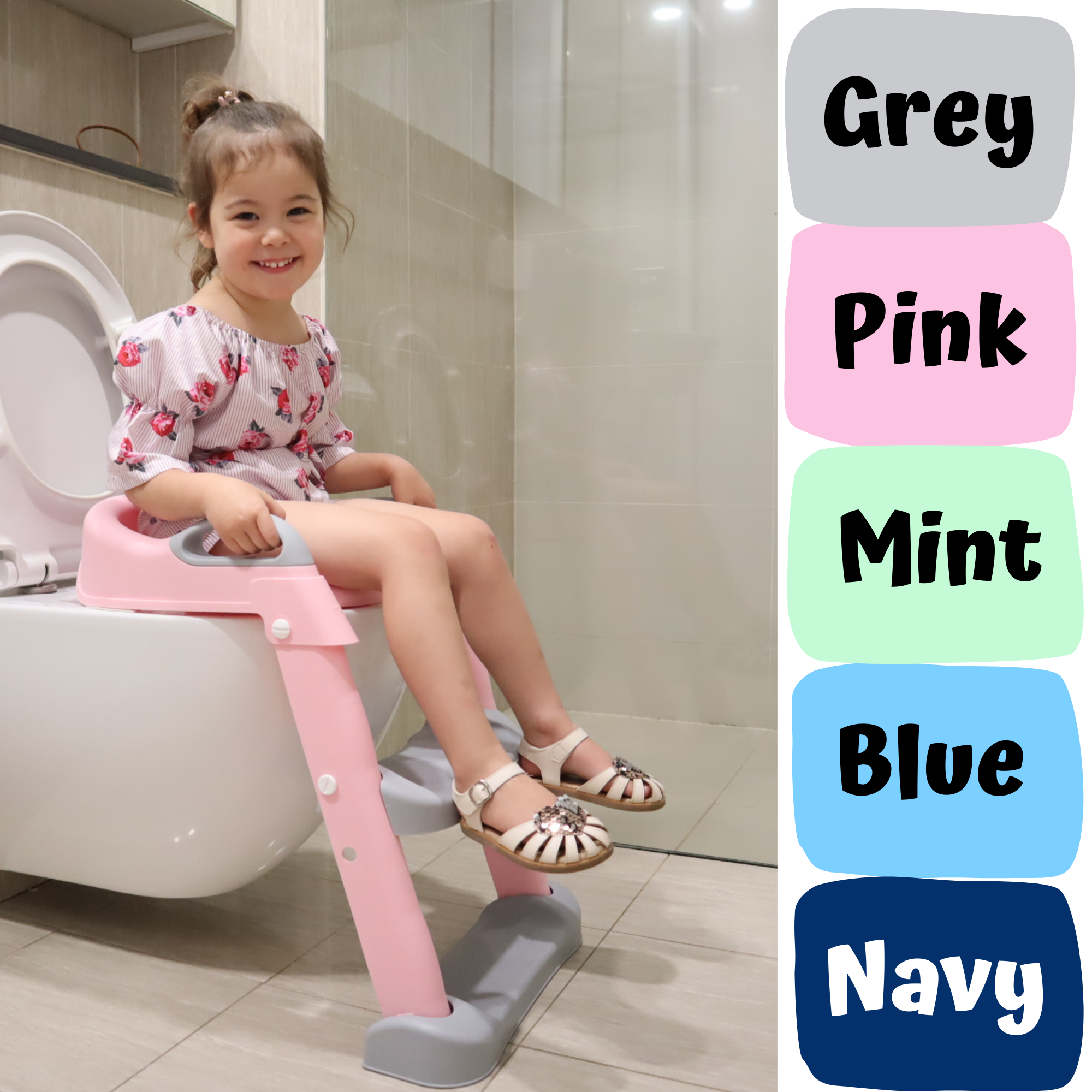 Kids Step-Up Potty Training Seat with Ladder & Cushion | Non-Slip Adjustable Toilet Trainer Chair (Grey, Pink, Mint, Blue, Navy)