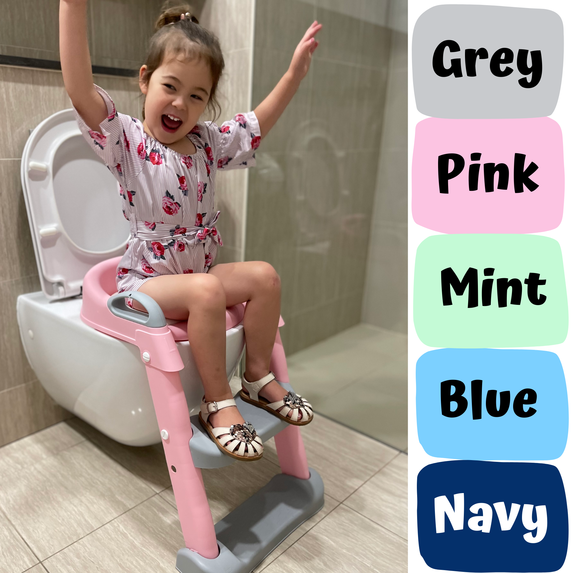 Kids Step-Up Potty Training Seat with Ladder & Cushion | Non-Slip Adjustable Toilet Trainer Chair (Grey, Pink, Mint, Blue, Navy)