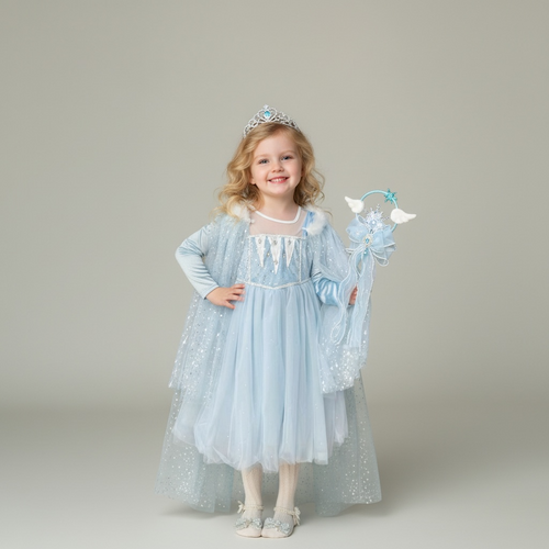 Girls Ice Princess Costume Dress | Kids Princess Dress Up Costume with Cape | Book Week & Halloween Outfit Dress-Up Outfit