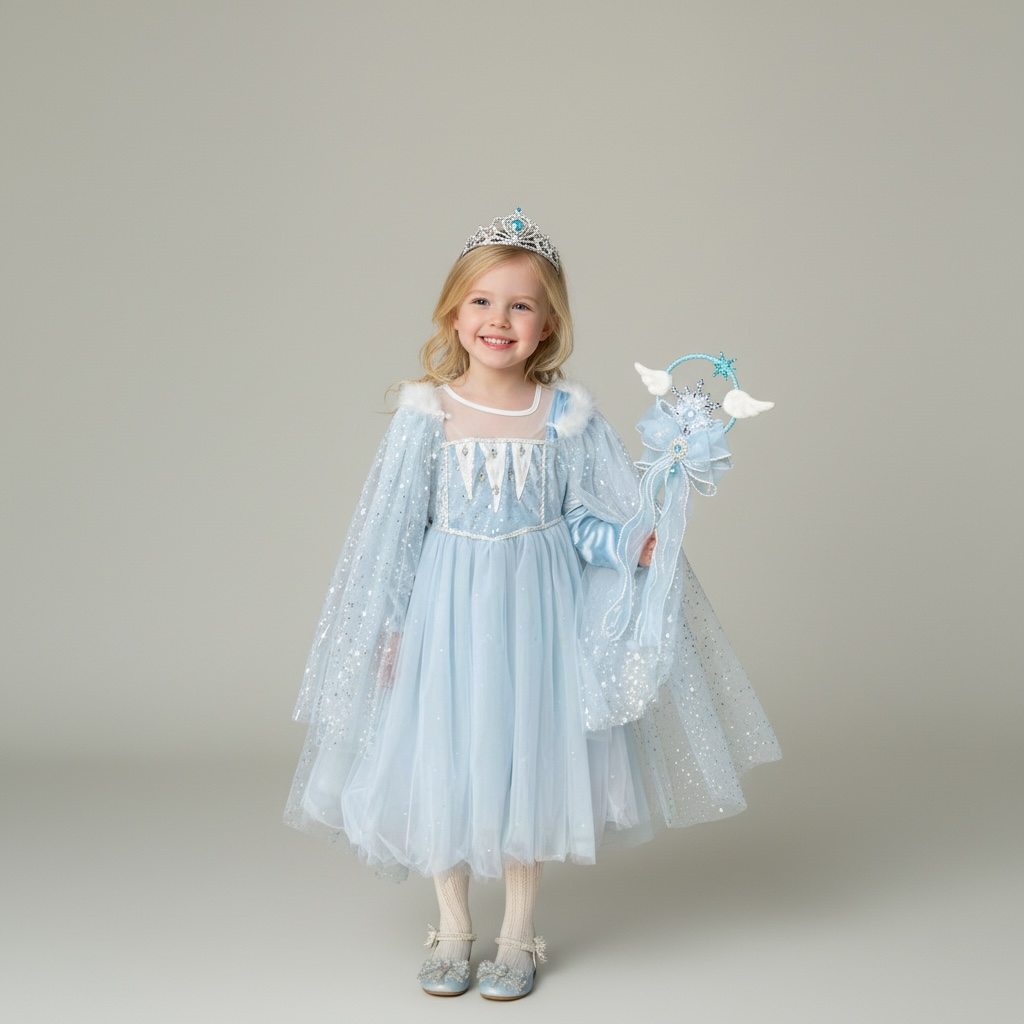Girls Ice Princess Costume Dress | Kids Princess Dress Up Costume with Cape | Book Week & Halloween Outfit Dress-Up Outfit