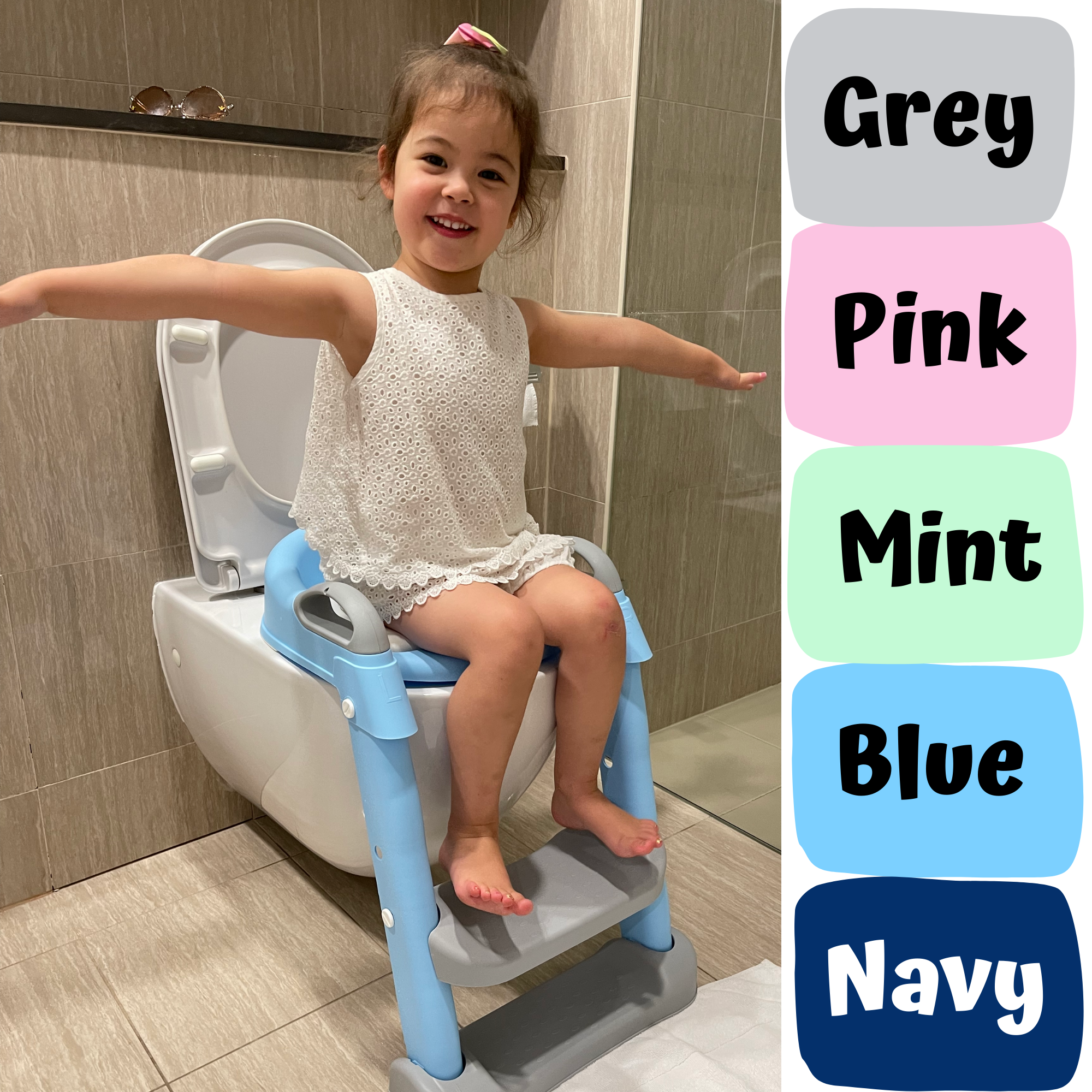 Kids Step-Up Potty Training Seat with Ladder & Cushion | Non-Slip Adjustable Toilet Trainer Chair (Grey, Pink, Mint, Blue, Navy)