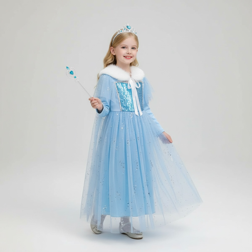 Girls Ice Princess Costume Dress with Cape & Tiara | Blue Winter Princess Fancy Dress for Kids | Book Week Halloween Birthday
