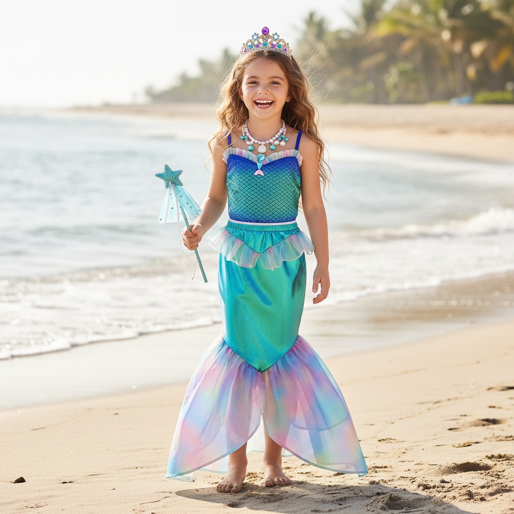 Girls Mermaid Costume with Shimmering Tail | Kids Mermaid Dress-Up Outfit