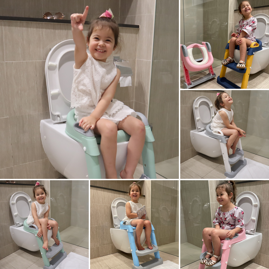 Kids Step-Up Potty Training Seat with Ladder & Cushion | Non-Slip Adjustable Toilet Trainer Chair (Grey, Pink, Mint, Blue, Navy)