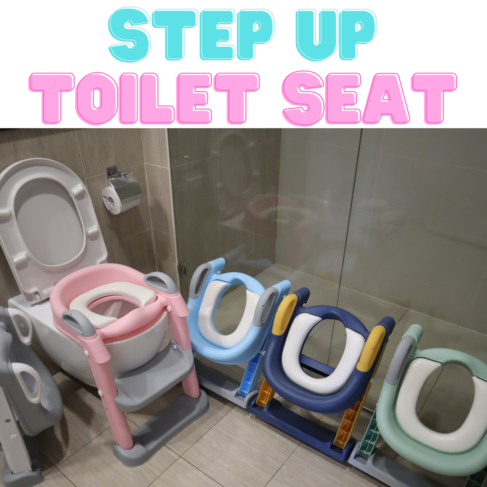 Kids Step-Up Potty Training Seat with Ladder & Cushion | Non-Slip Adjustable Toilet Trainer Chair (Grey, Pink, Mint, Blue, Navy)